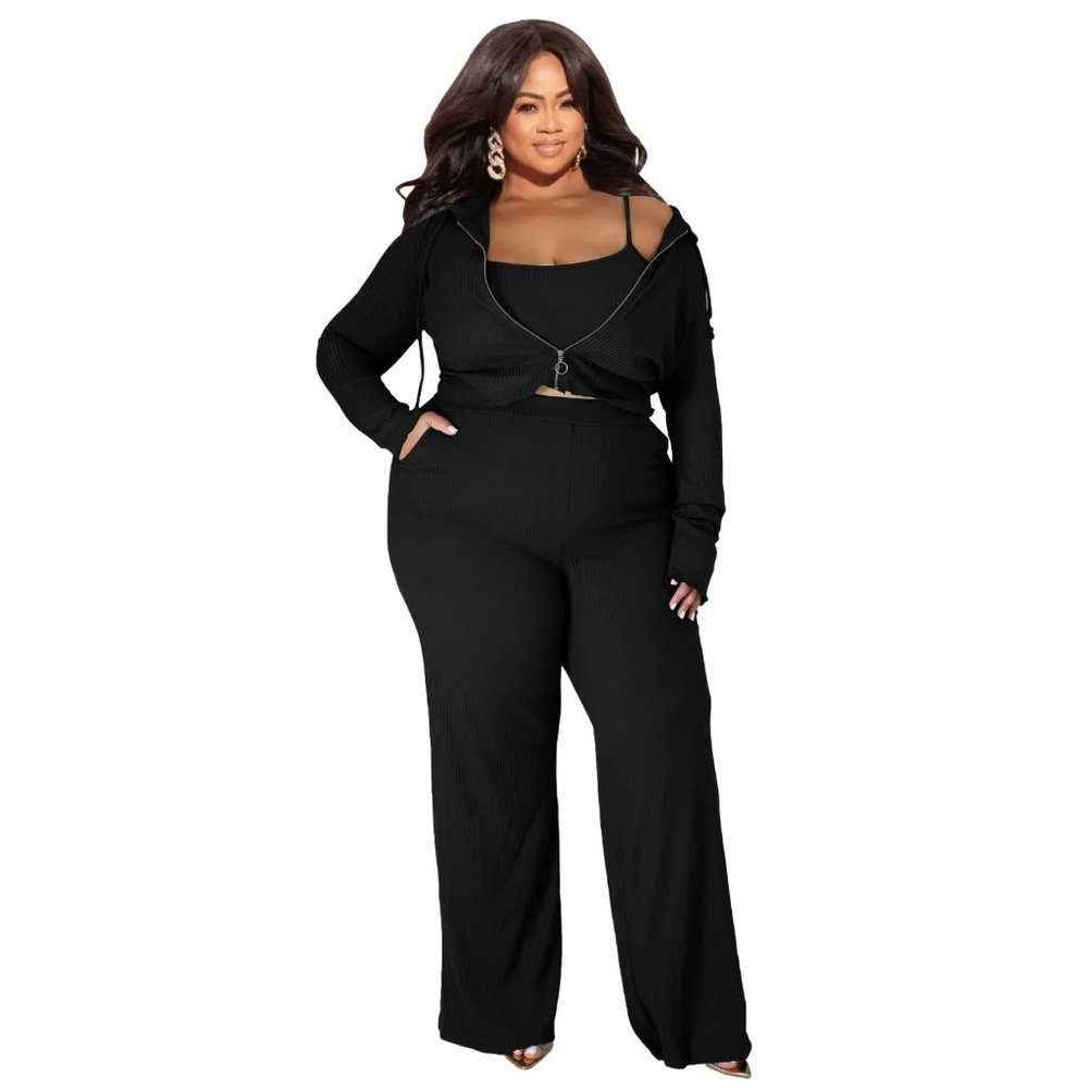 Plus Size Casual Solid Color Plus Size Pit Vest Jacket Pants Three-Piece Set